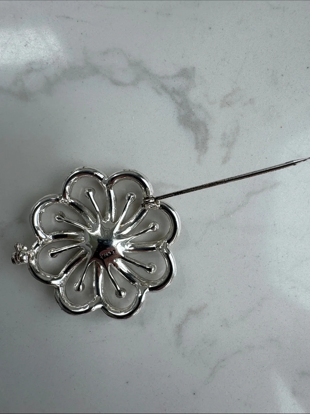 Monet Vintage Pearl Rhinestone Silver Tone Swirl Flower Brooch Pin Collectible